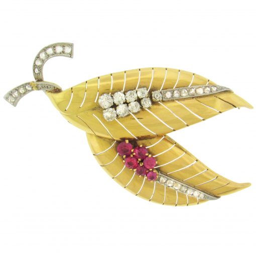 Ruby Diamond Double Leaf Brooch - Image 2