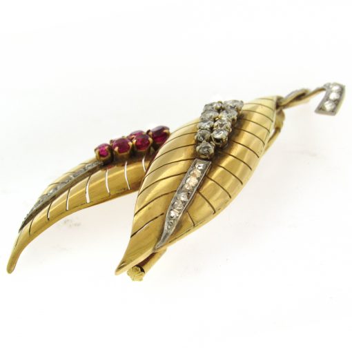 Ruby Diamond Double Leaf Brooch - Image 4