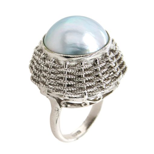 Estate Mabe Pearl Silver Ring - Image 3